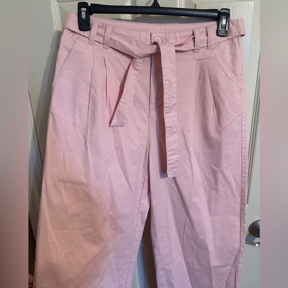Time and Tru Wide Leg Relaxed Fit w Soft Tie Waist Cropped Pants, Light Pink, 12 - Picture 4 of 7